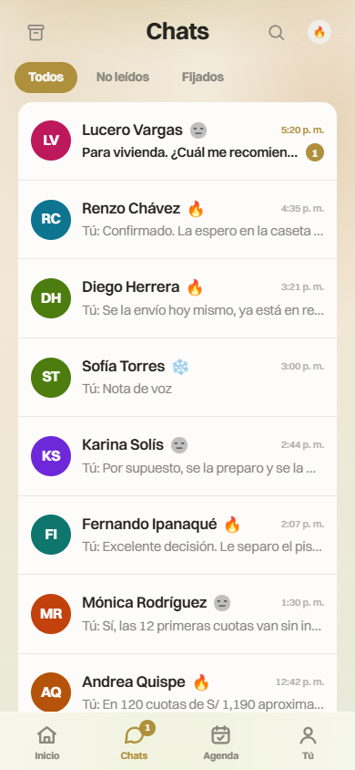 Bandeja de chats de WhatsApp dentro de la app Moderniva