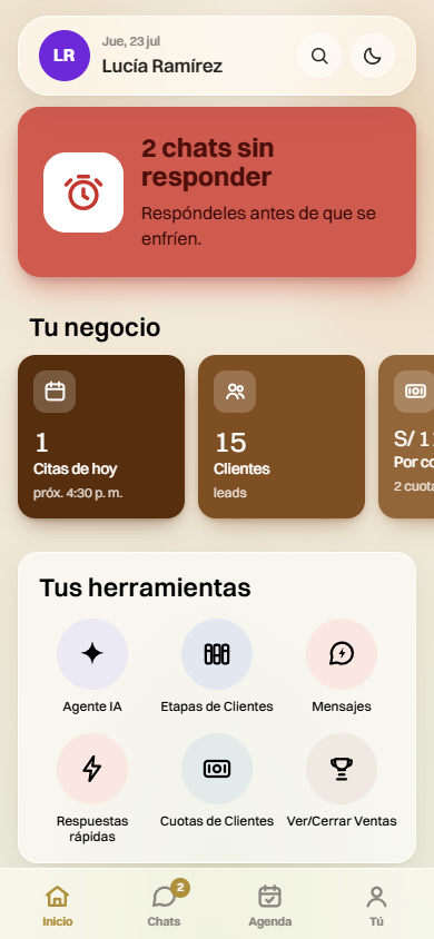 Pantalla de inicio de la app Moderniva con las citas, los clientes y los cobros del día